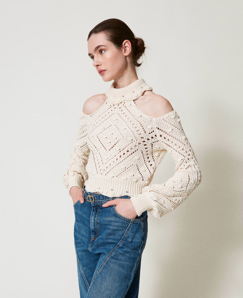 Openwork cropped turtleneck jumper Woman, Beige | TWINSET Milano Openwork cropped turtleneck jumper Woman, Beige | TWINSET Milano