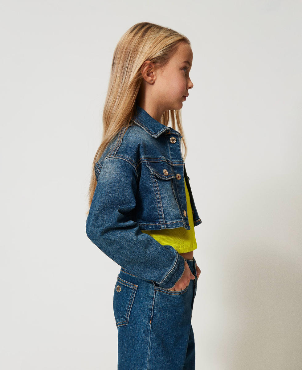 Blouson cropped en jean Denim Bleu Fonc&eacute; Fille 251GJ2600_12231_02
