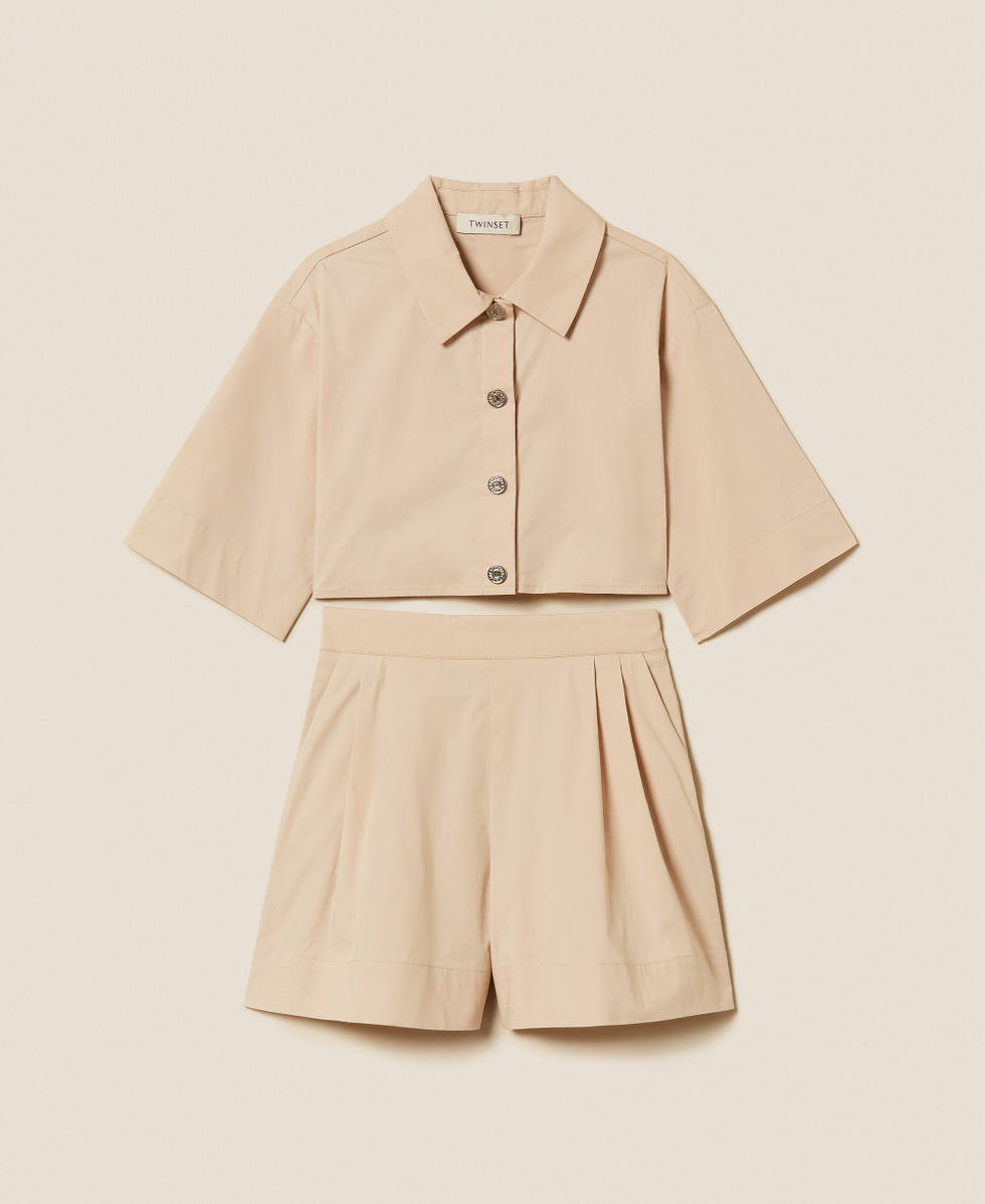 Poplin cropped shirt and shorts Safari Beige Girl 261GJ2014_13191_S0
