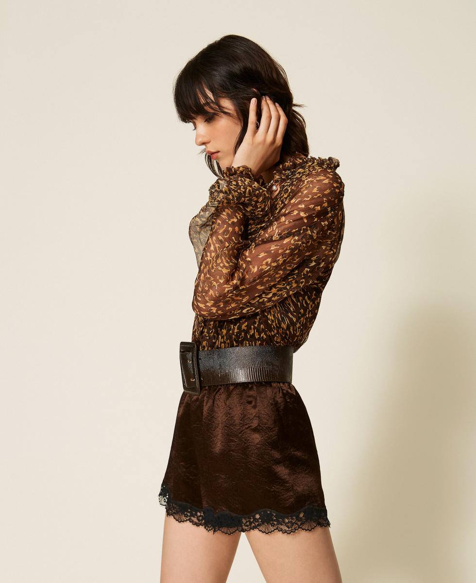 Satin shorts with lace Two-tone Darkness Brown/Black Woman 262TP2113_13853_02