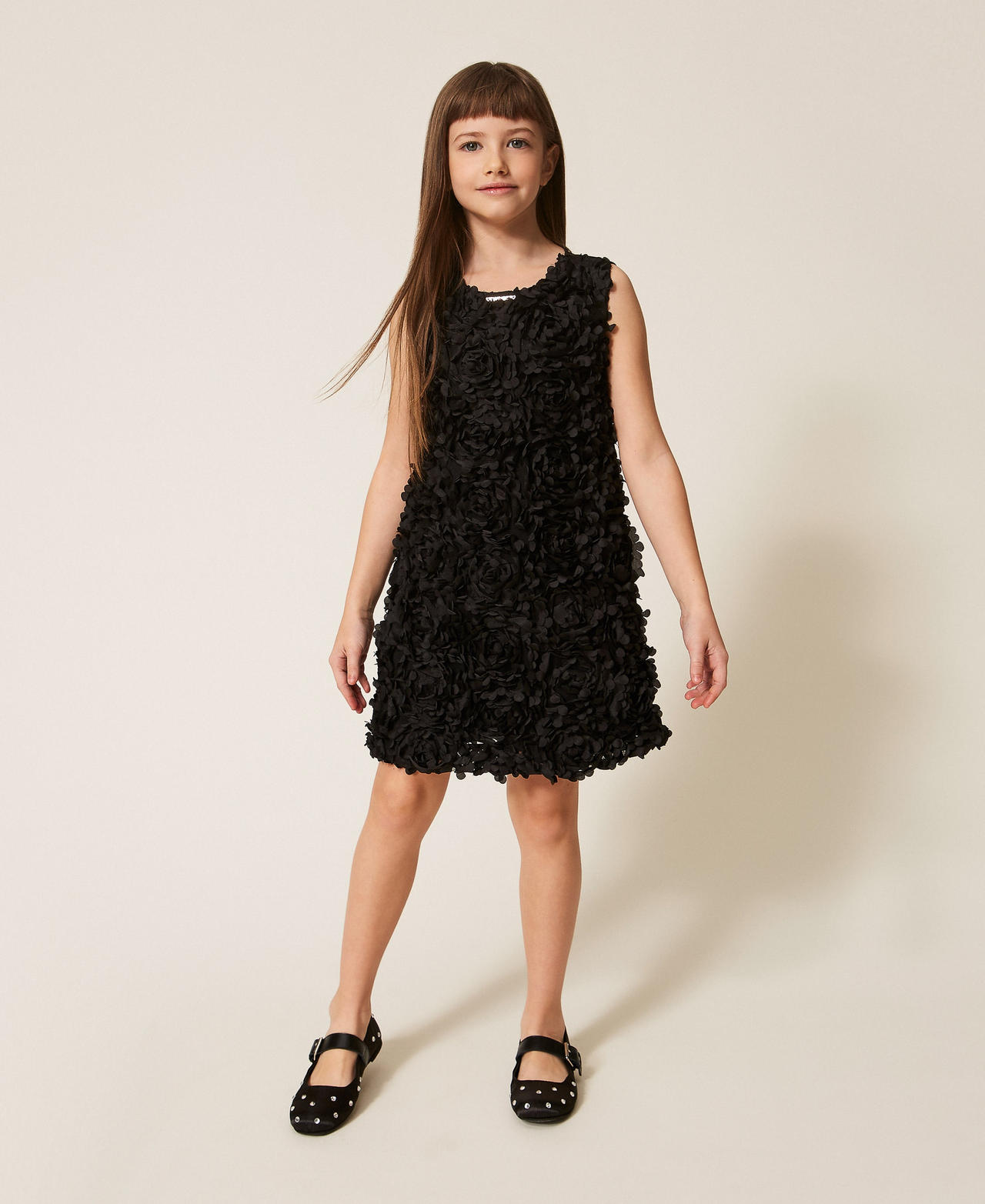 Twinset Girls Black Short Satin Dress With Roses