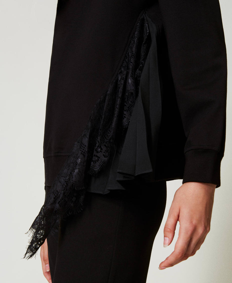 Sweatshirt with pleated insert with lace Black Woman 242LL2JCC_00006_04