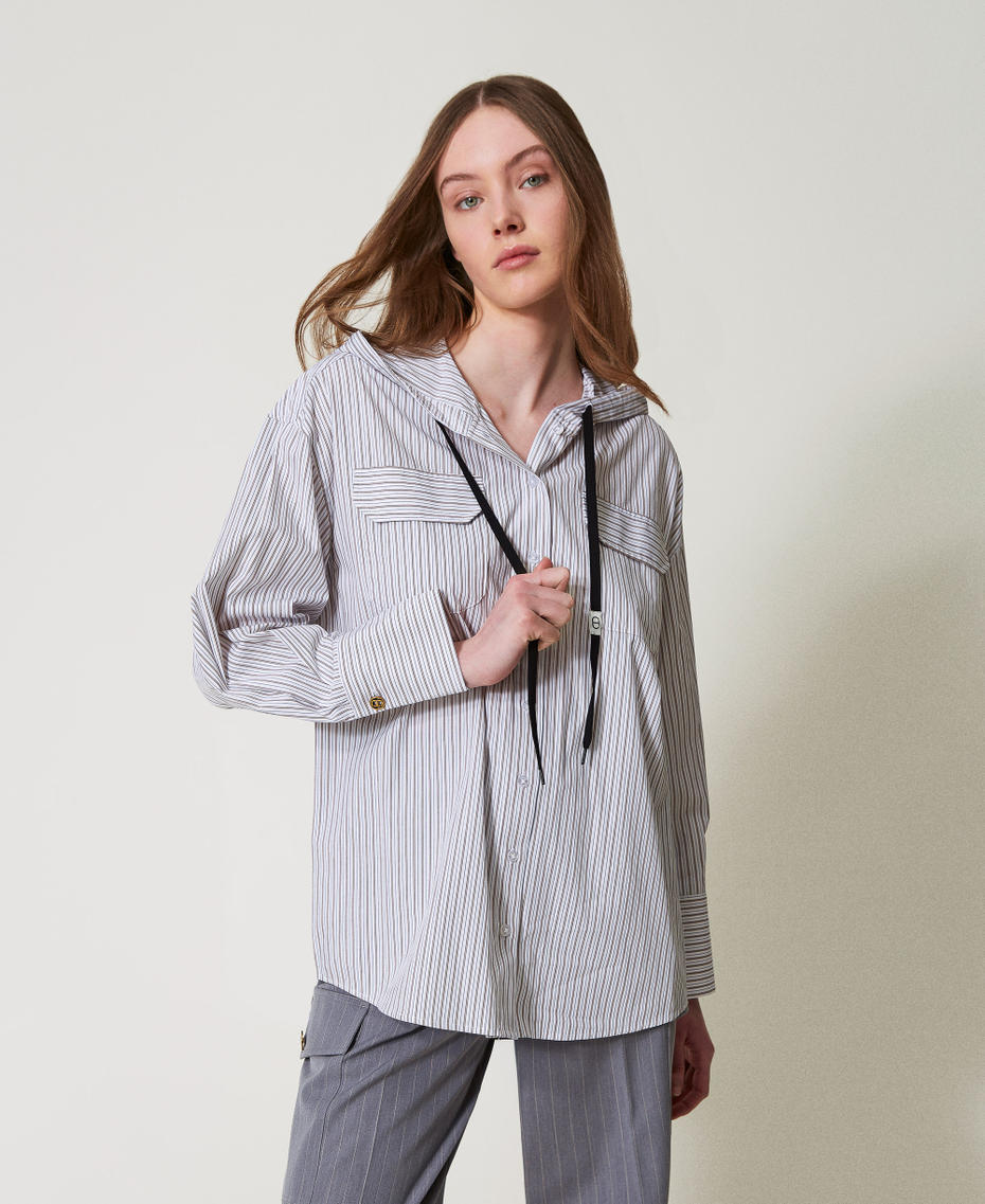 Camicia in popeline a righe con cappuccio Stripes Optical White / Beige "Rope" Donna 251TE2081_12324_04