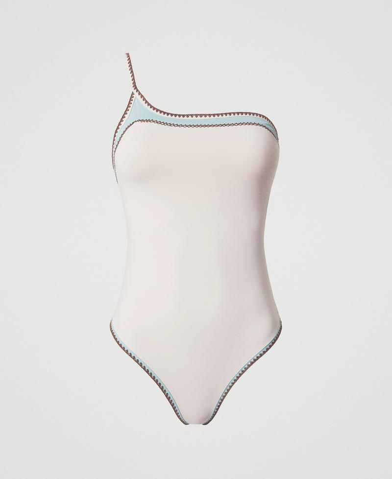 One-shoulder one-piece swimsuit with embroidery Multicolour Almond Beige/Green Marine/Amber Brown Woman 251LMMU00_12390_0S