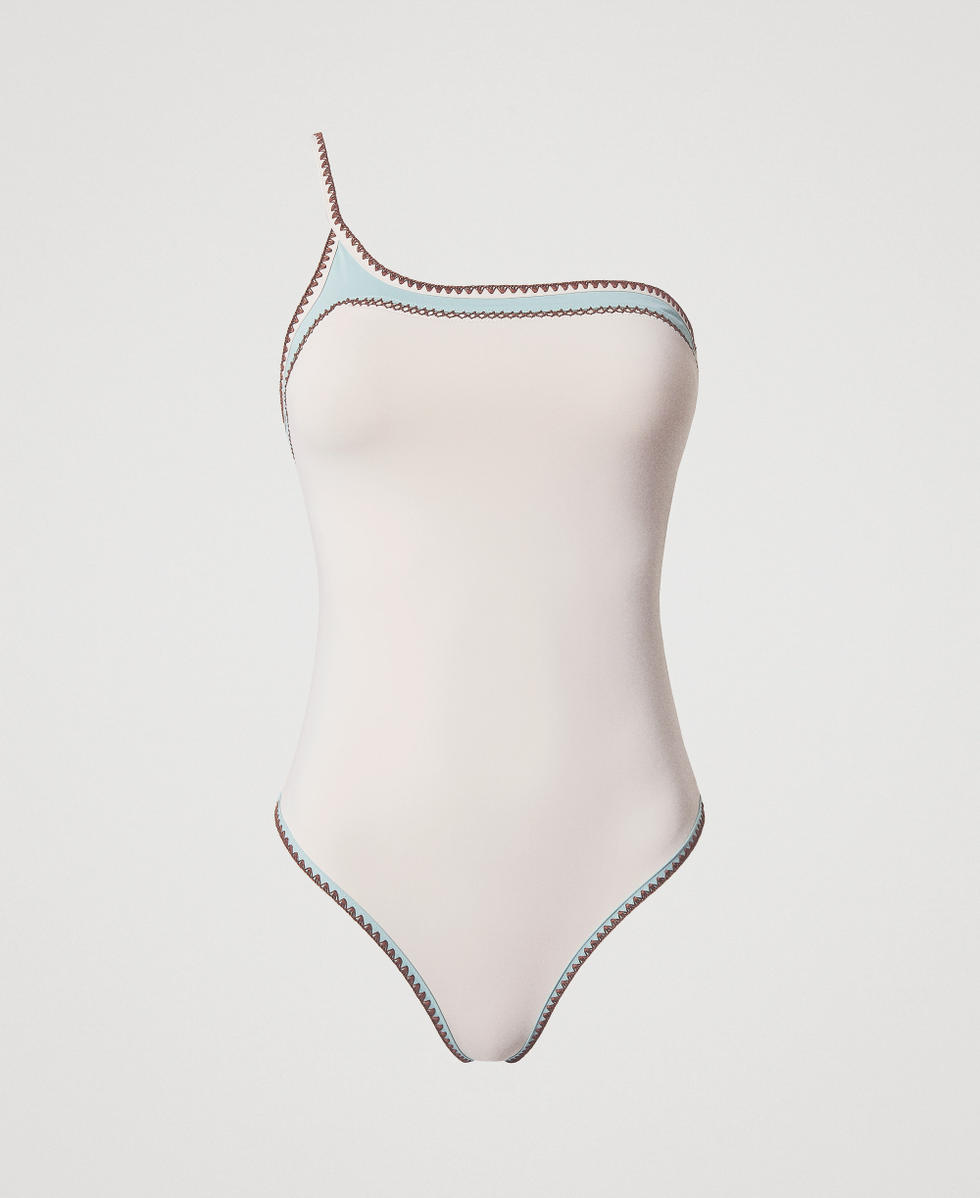One-shoulder one-piece swimsuit with embroidery Multicolour Almond Beige/Green Marine/Amber Brown Woman 251LMMU00_12390_S0