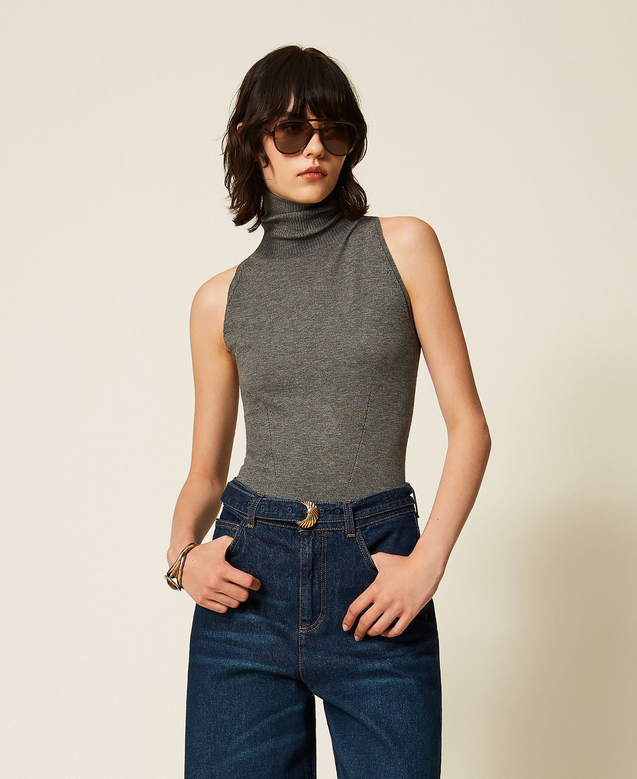 Twinset Women's Mid Grey Melange Turtleneck Knit Top