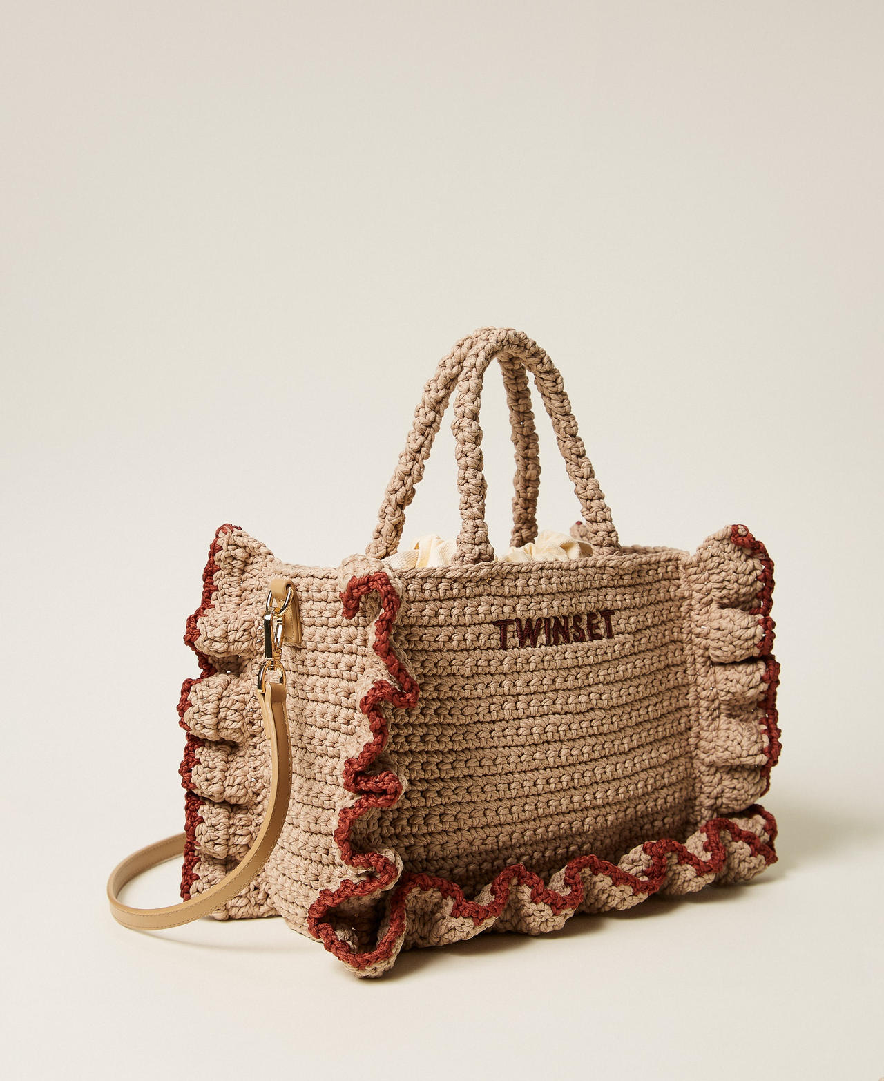 Crochet shoulder bag with flounces Two-tone Rope Beige/Henna Brown Woman 261TD8291_13498_02