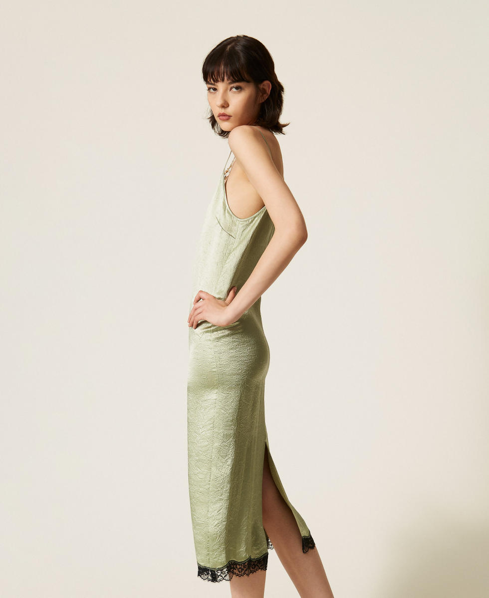 Robe midi en satin froiss&eacute; et dentelle Bicolore Vert Sauge/Noir Femme 262TP2110_13855_01