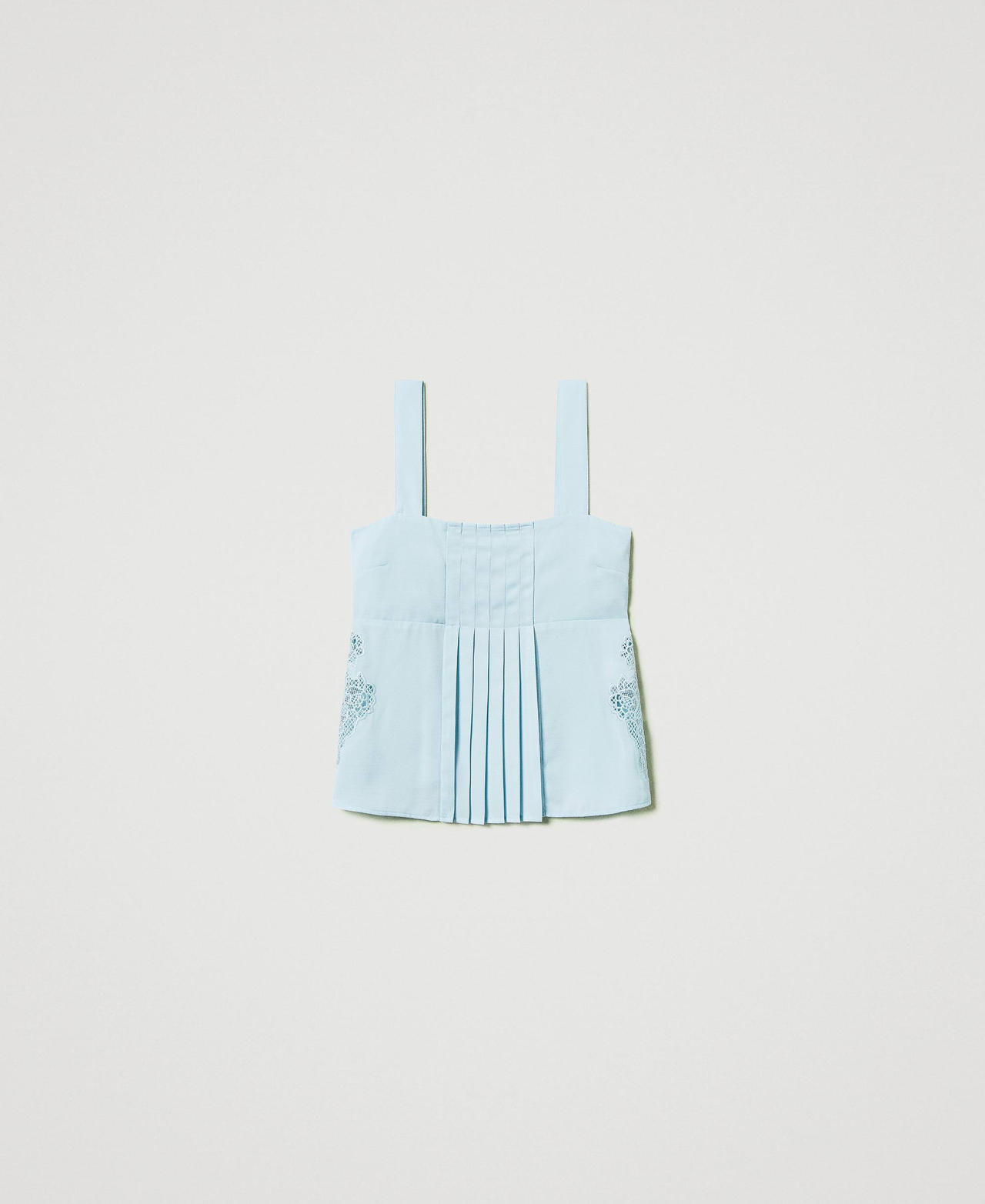 Twill top with embroidery and pleats Light Canal Blue Woman 251AP2422_12134_0S