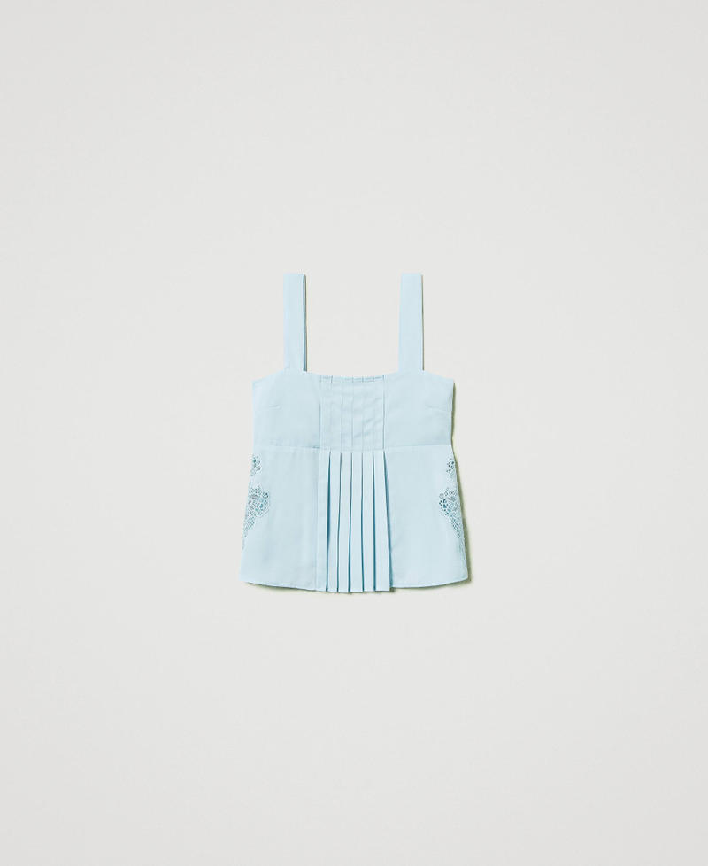 Twill top with embroidery and pleats Light Canal Blue Woman 251AP2422_12134_S0