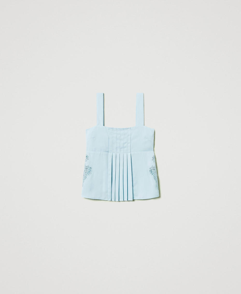 Twill top with embroidery and pleats Light Canal Blue Woman 251AP2422_12134_S0