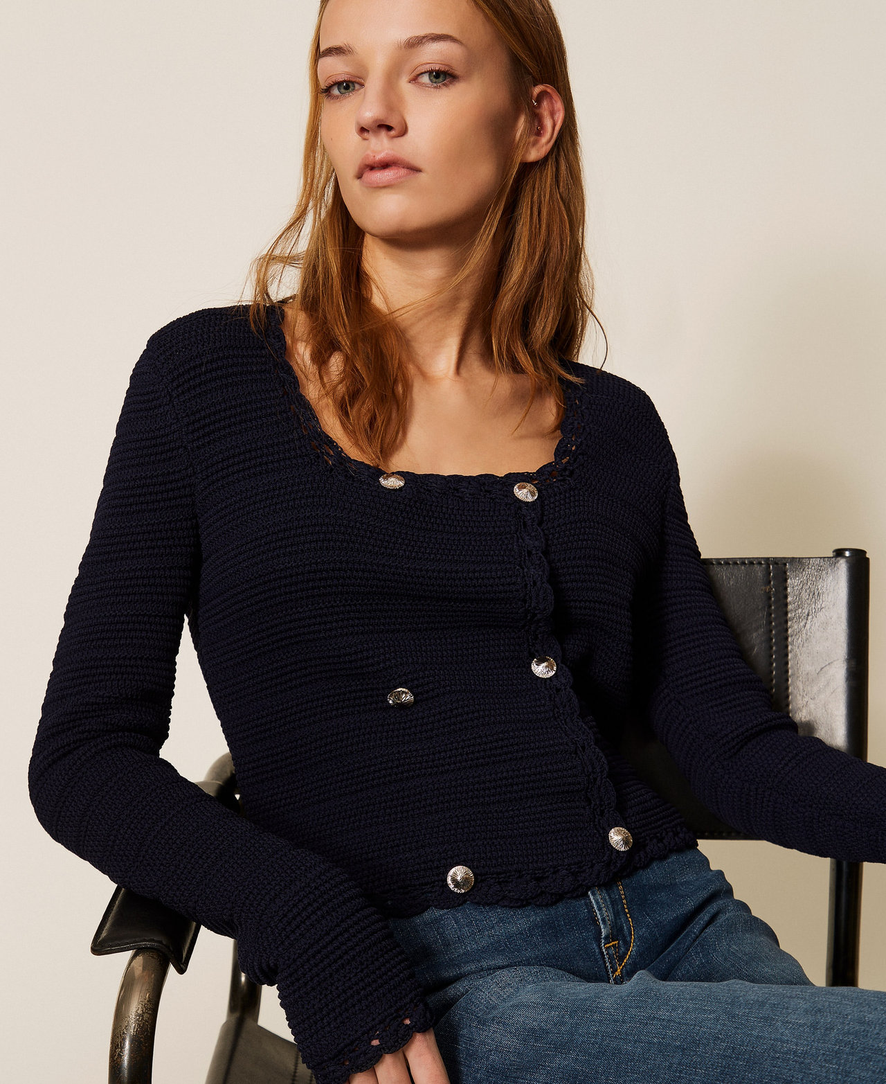 Knit jacket with crochet detail Blue Light Woman 261TP3070_13172_PD