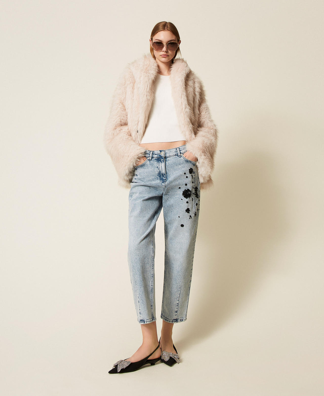 Faux fur pea coat with hood Plaster Beige Woman 252TF2090_12879_T0