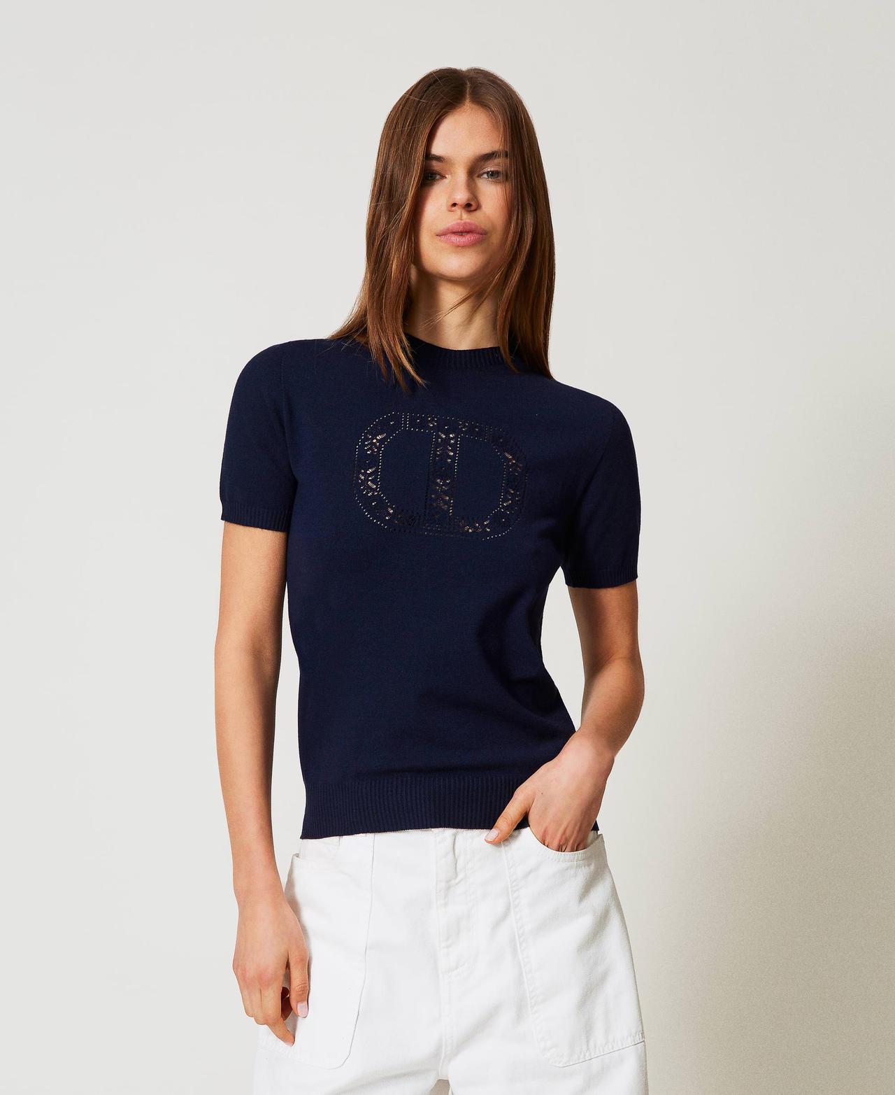 Maglia lupetto con logo Oval T Blue Night Donna 251TP3430_00238_01