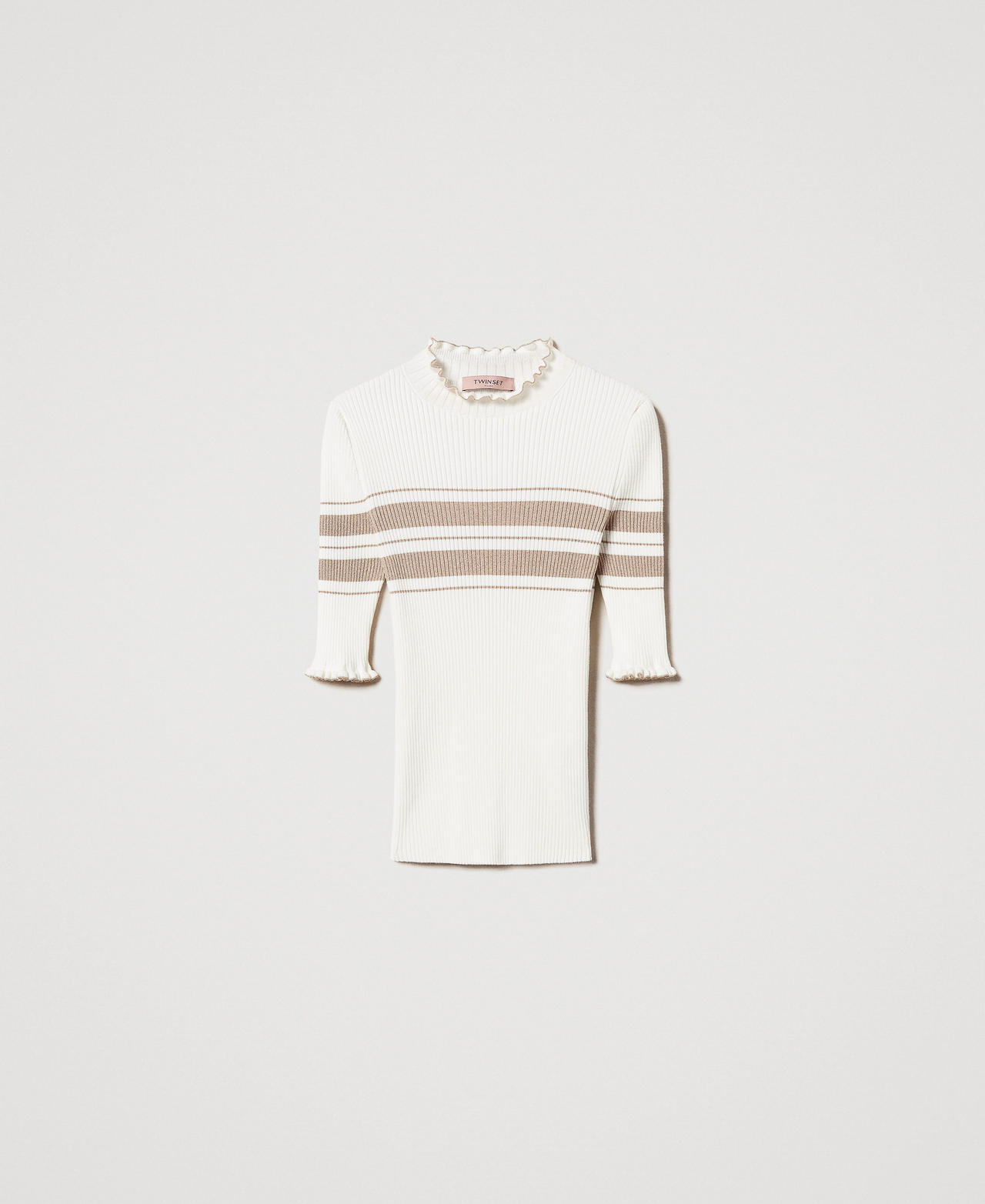 Maglia lupetto a costine con righe lurex Bicolor Bianco Neve / Beige "Rope" Lurex Oro Donna 251TP3420_12314_0S
