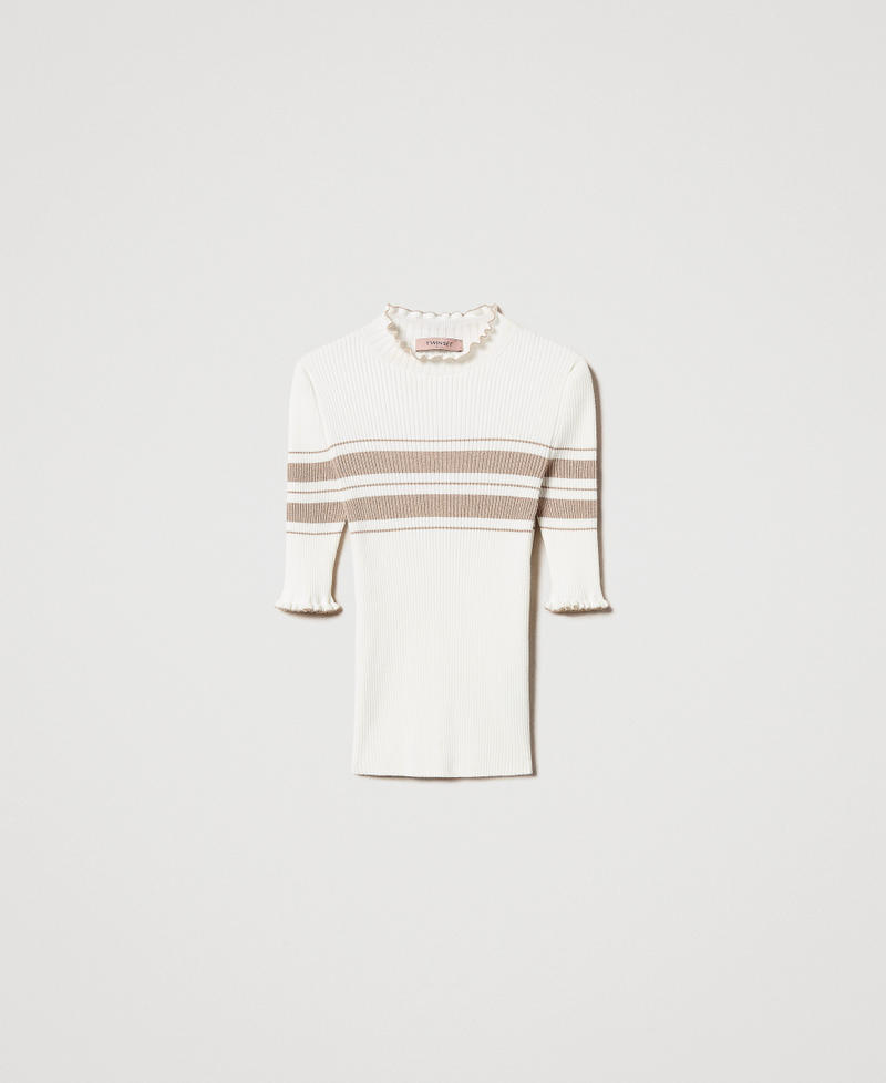 Maglia lupetto a costine con righe lurex Bicolor Bianco Neve / Beige "Rope" Lurex Oro Donna 251TP3420_12314_0S