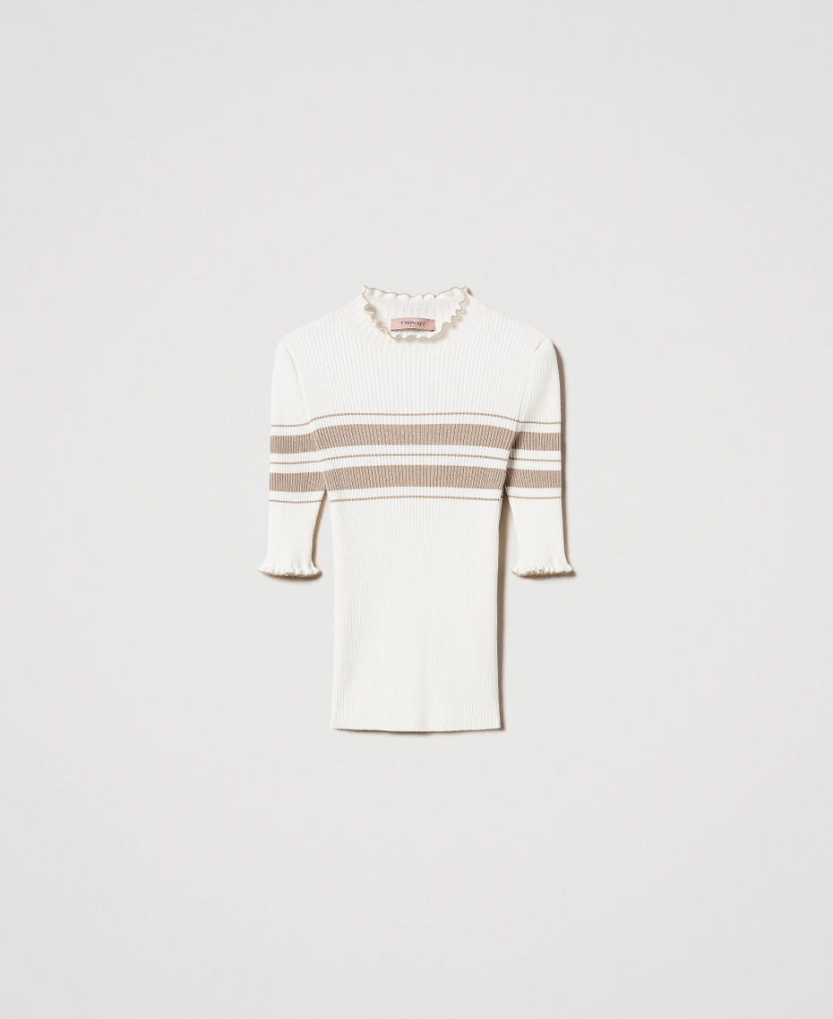 Maglia lupetto a costine con righe lurex Bicolor Bianco Neve / Beige "Rope" Lurex Oro Donna 251TP3420_12314_S0