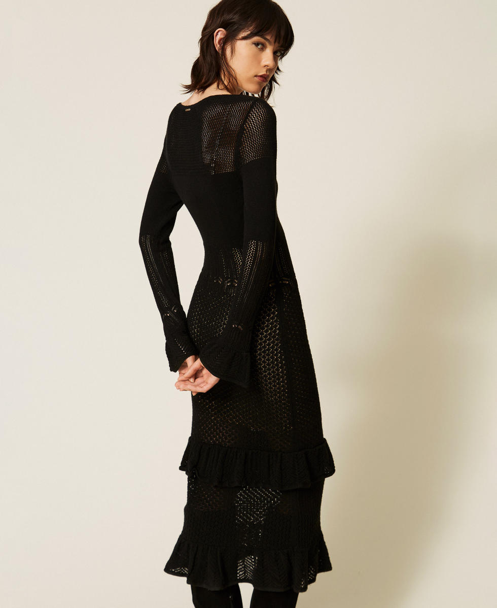 Long wool blend knit dress with ruffles