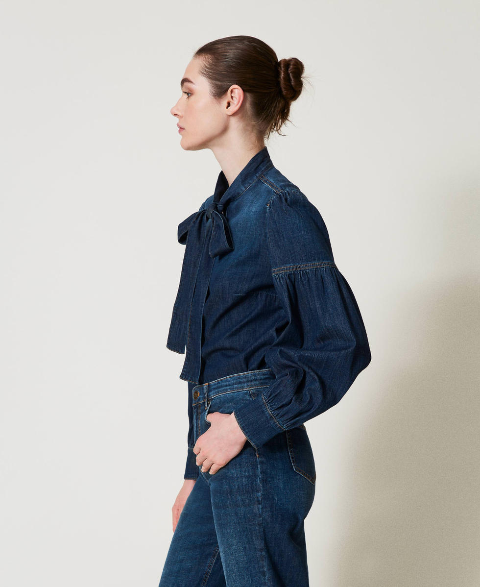 denim pussy Denim shirt with pussy bow Woman, Blue | TWINSET Milano