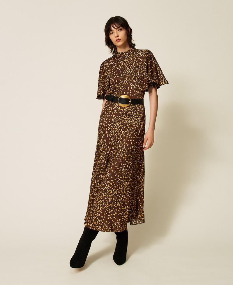 Long animal print satin dress Brown/Gold Animal Print Woman 262TP275D_13873_T0