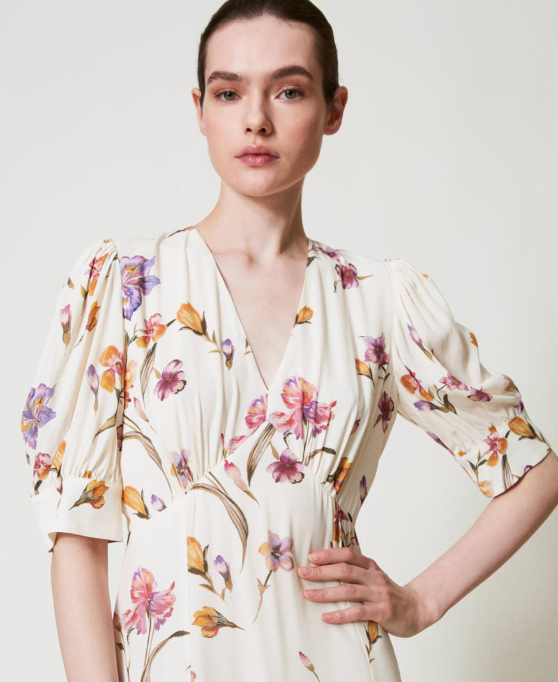 Long cr&ecirc;pe de Chine floral dress Multicolour/Mother of Pearl Iris Print Woman 251TP2770_12329_04