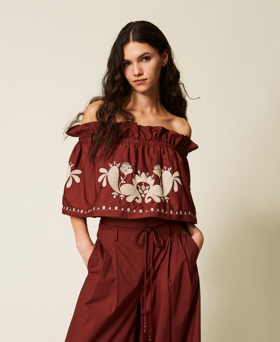 Top off shoulder in popeline con ricamo Marrone "Terra Rossa" Donna 261AT2042_00260_01