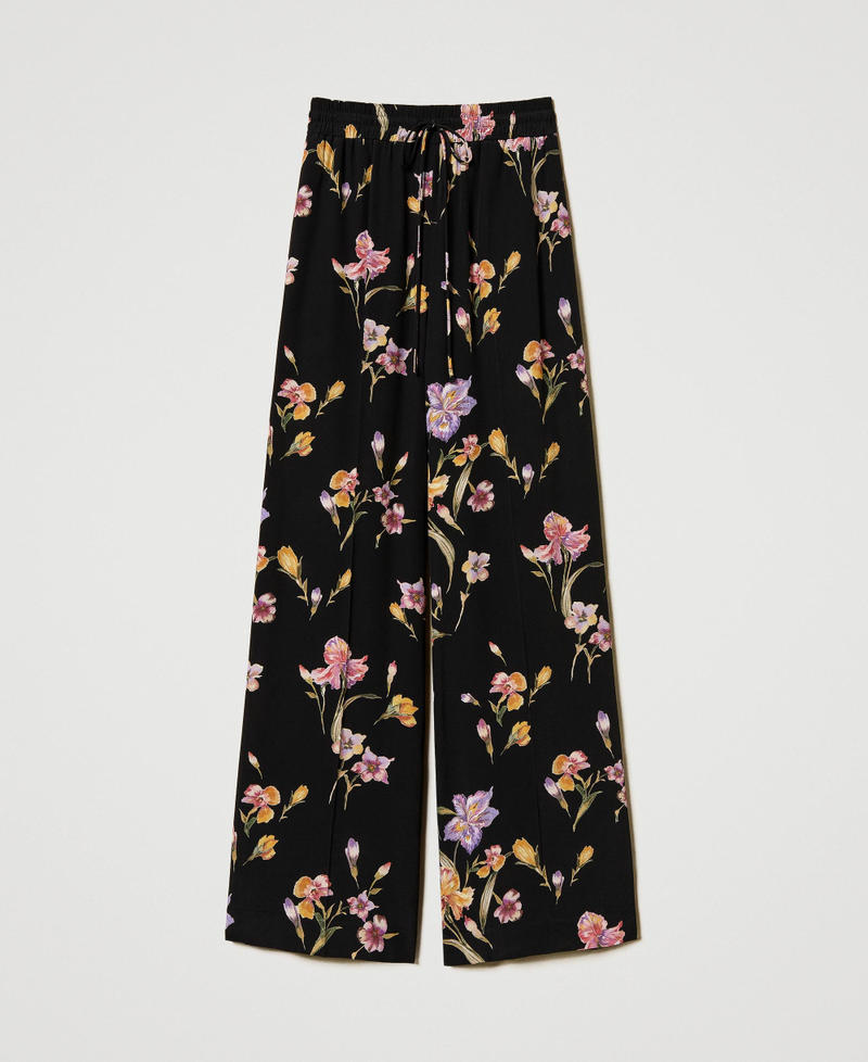 Crêpe de Chine floral trousers with elasticated waist Multicolour/Black Iris Print Woman 251TP2776_12328_0S