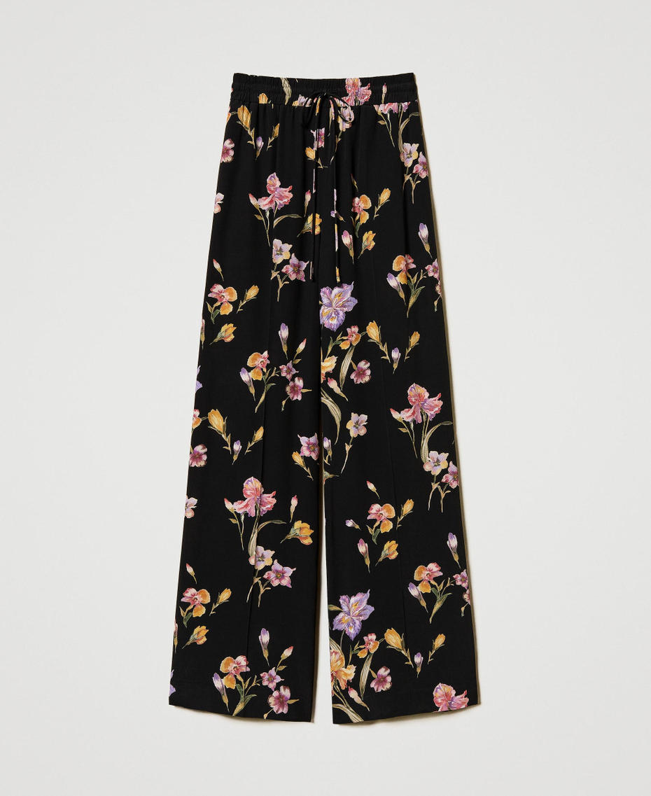 Pantalon en crêpe de Chine floral avec élastique Imprimé Iris Multicolore/Black Femme 251TP2776_12328_S0