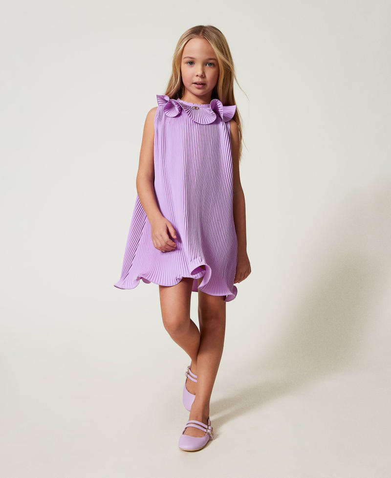 Pleated crêpe de Chine short dress Pastel Violet Girl 251GJ2QQ6_11862_01
