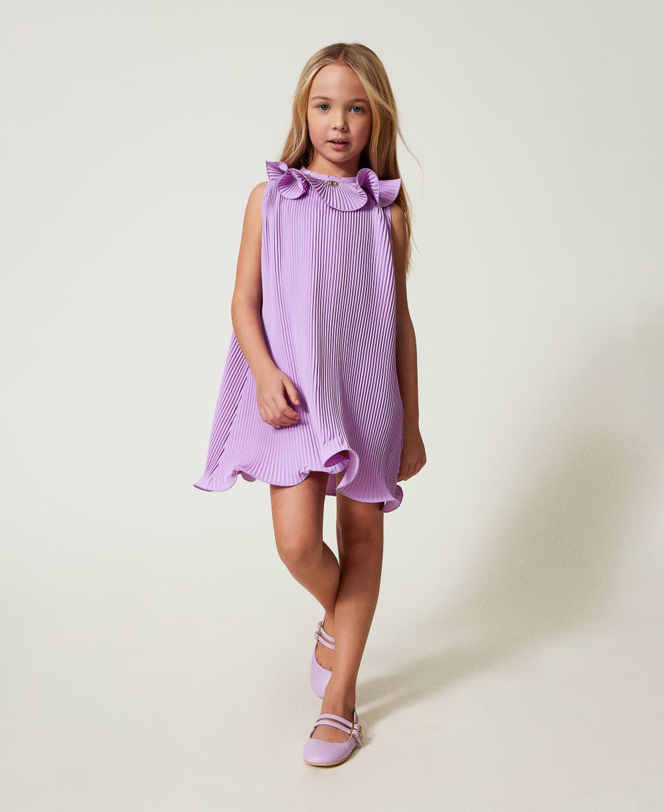 Pleated crêpe de Chine short dress Pastel Violet Girl 251GJ2QQ6_11862_01