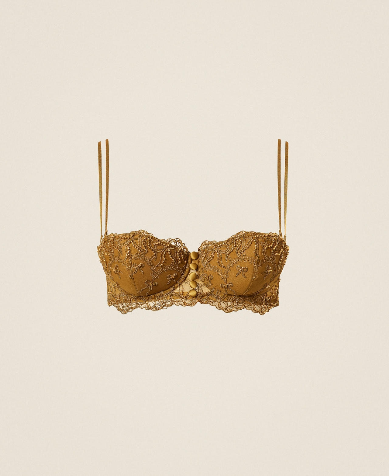 TWINSET - Soutien-gorge corbeille en tulle brodé avec nauds, Femme, Vert Shiny Oil, 5-B