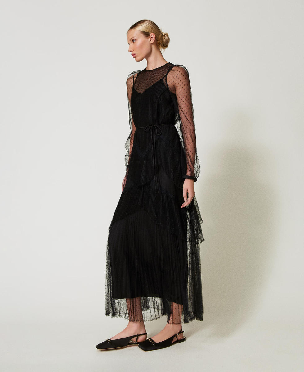 Long tulle dress with pleated flounces Woman, Black | TWINSET Milano
