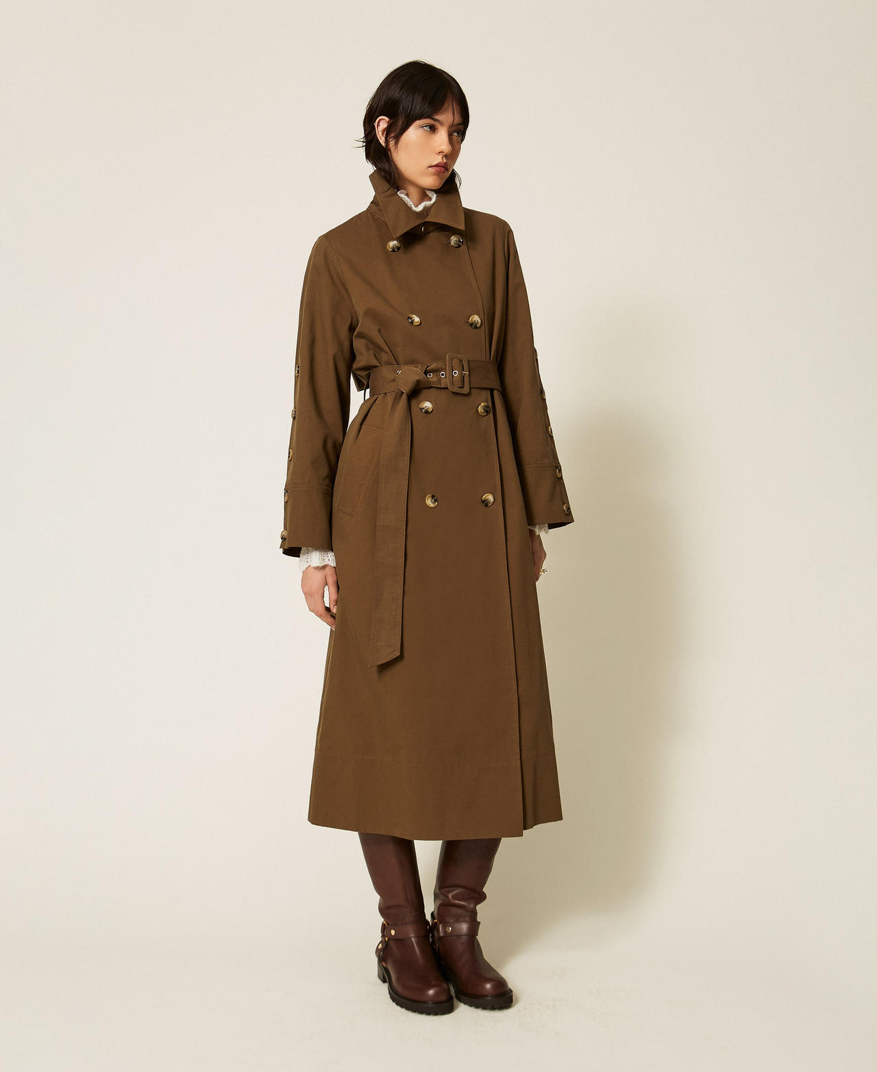 Cotton-blend gabardine trench coat Beech Green Woman 262TP270A_12537_02