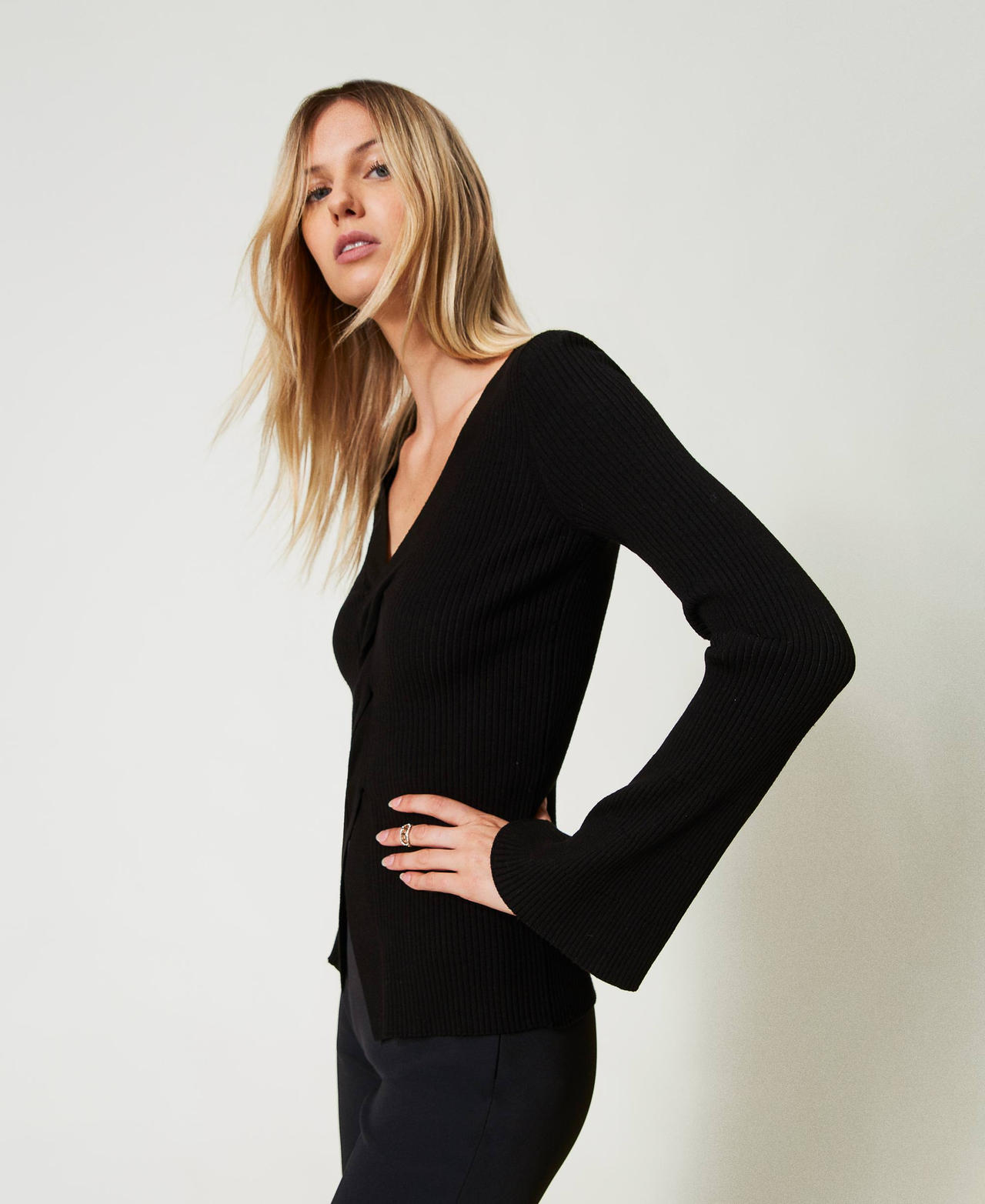 Ribbed knit fitted jumper with twist Black Woman 242TT3023_00006_02