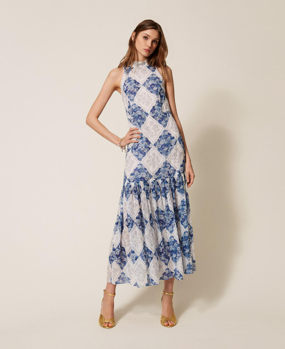 Long ramie dress with floral print Blue/Pale Blue Topaz Diamond Flower Print Woman 261TP213B_13405_01