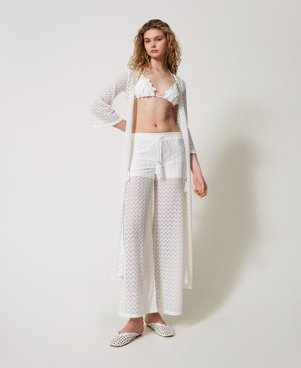 Pantalon palazzo en crochet avec cordon de serrage Blanc Sugar Femme 251LM2HAA_00632_01