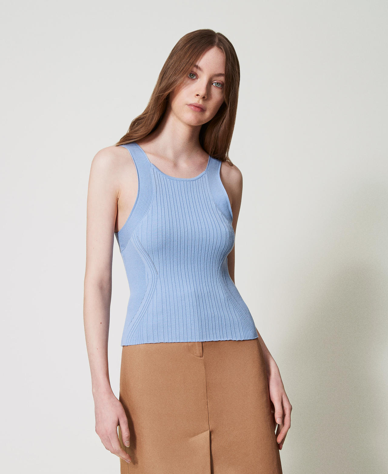 Top fitted in maglia con mix di coste Azzurro "Blue Topaz" Donna 251LL3FCC_12106_PD