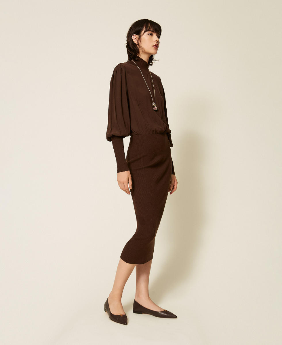 Knit and cr&ecirc;pe de Chine long dress Darkness Brown Woman 262TP3240_13411_02