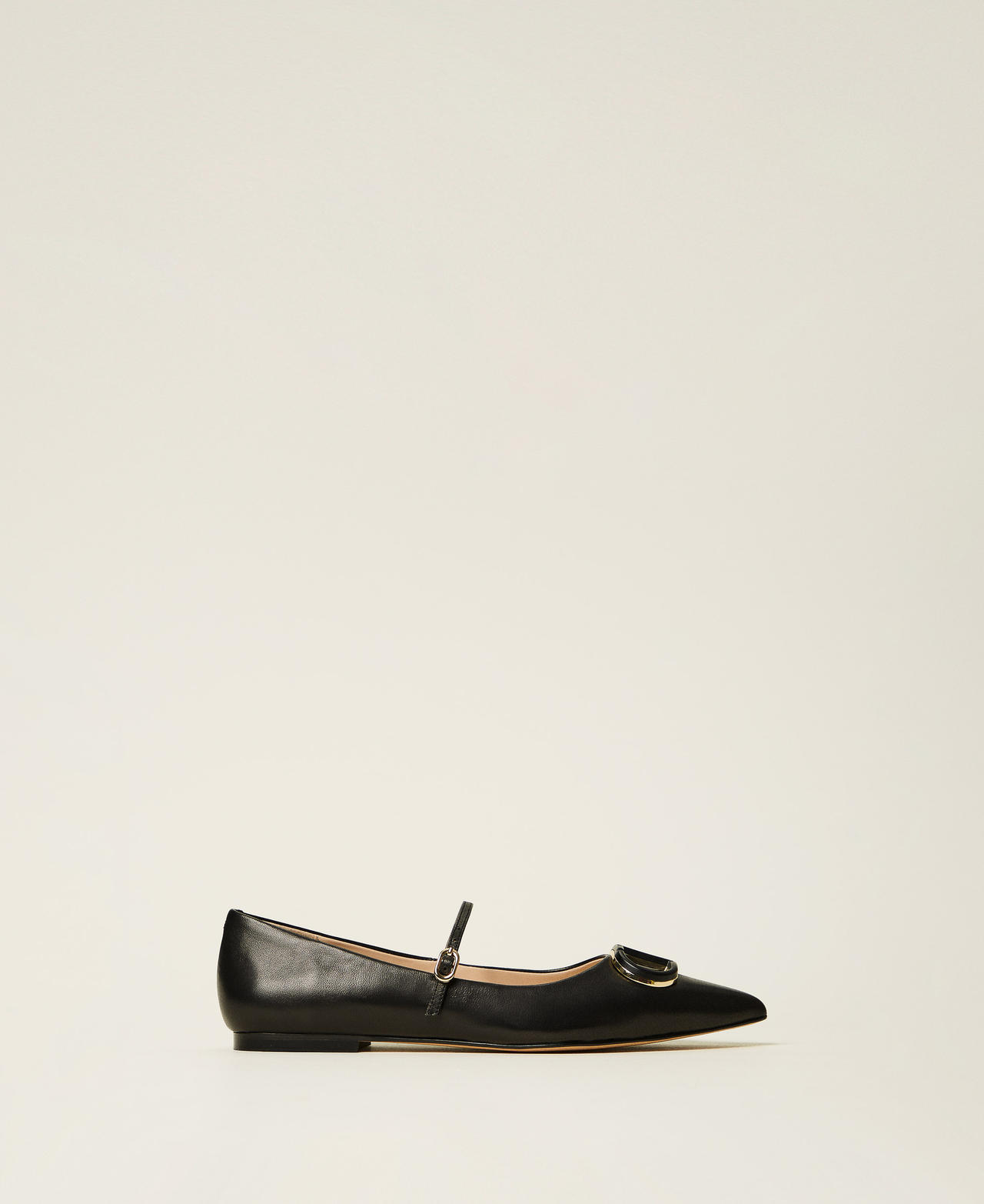フラットシューズ TWINSET SS25 'Oval T' ballet flats (251TCP064 00044) Leather ballet flats with Oval T Woman, Black | TWINSET Milano