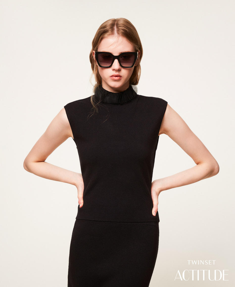 Oberteil aus Gestrick und Organza Schwarz Frau 252AP3011_00006_PA