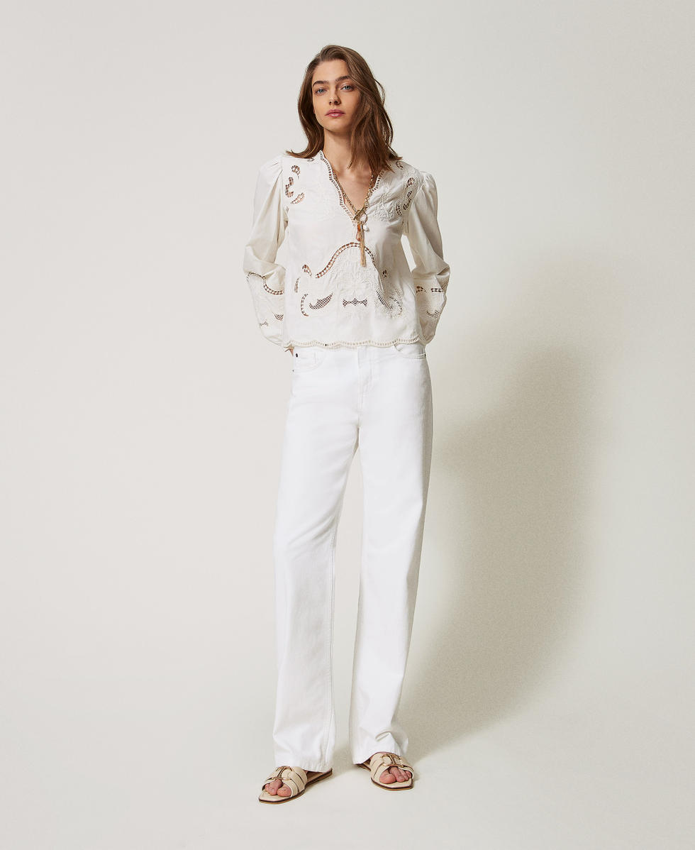 Trousers in floral bull White Denim Woman 251TT2210_01226_01