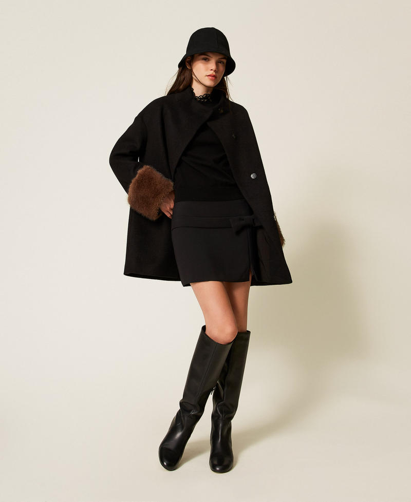 Velour wool cloth coat with faux fur Black Woman 252AT2241_00006_T0