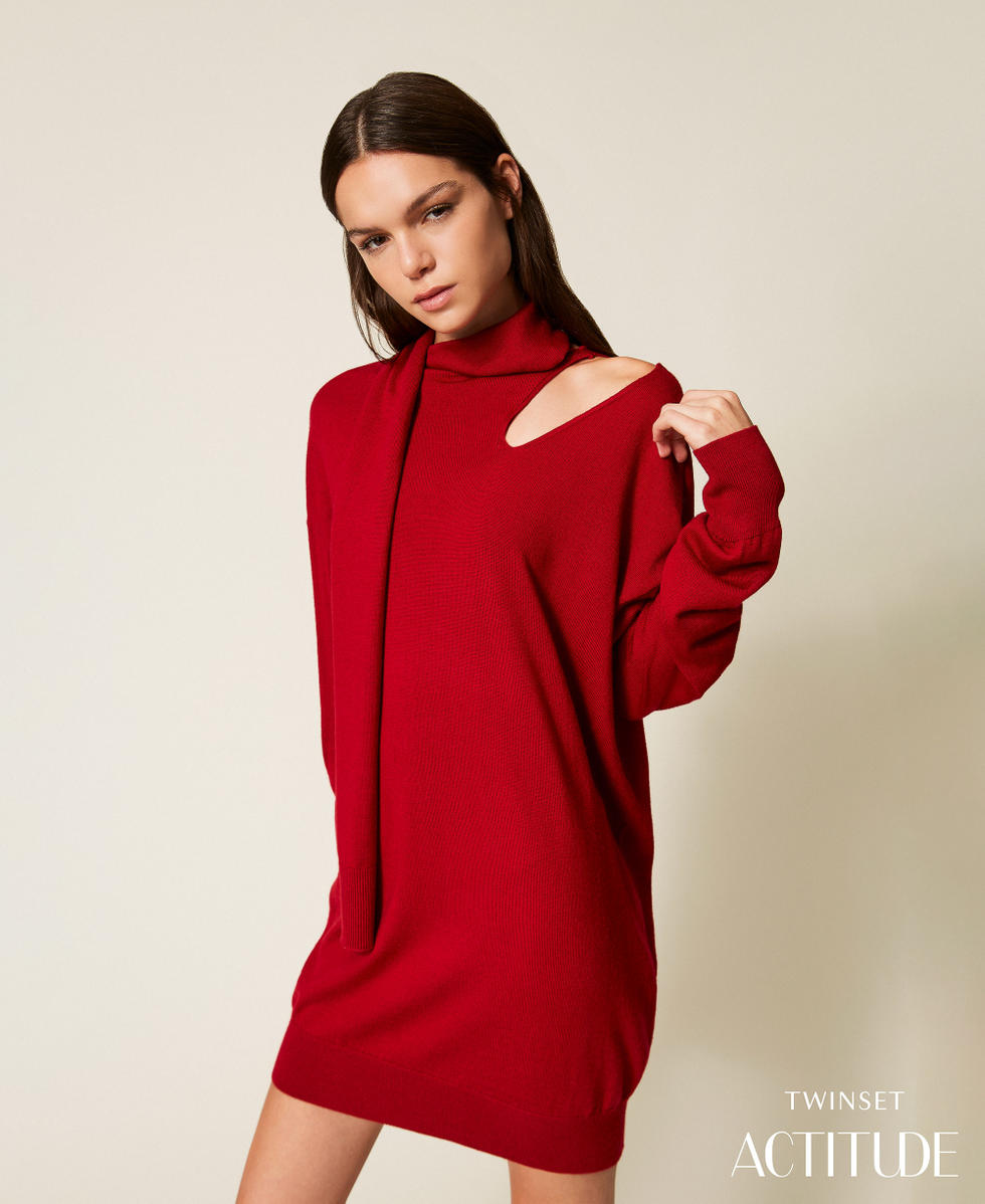 Abito corto in misto lana con cut-out Rosso Ciliegia Donna 252AT3100_00034_PA