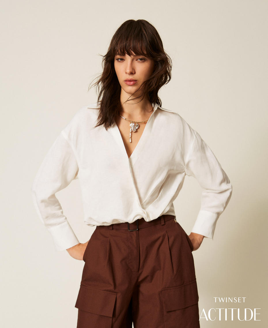 Linen blend crossover shirt Milk Woman 261AP2325_12577_PA