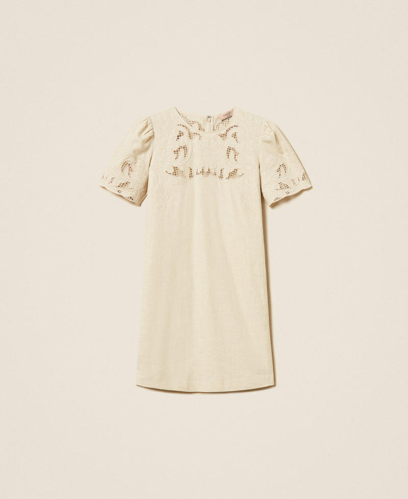 Short linen blend dress with embroidery Mother Of Pearl Woman 261TP2310_00059_S0
