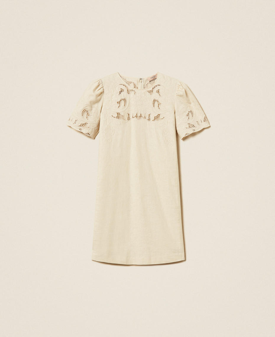 Short linen blend dress with embroidery Mother Of Pearl Woman 261TP2310_00059_S0