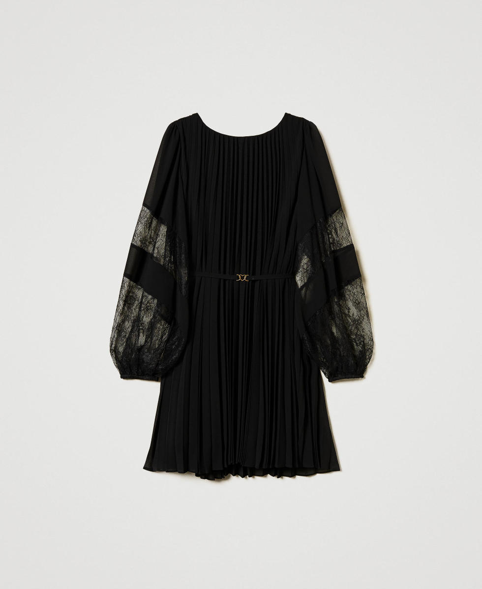 Short pleated georgette dress with lace Black Woman 251TP2783_00006_S0
