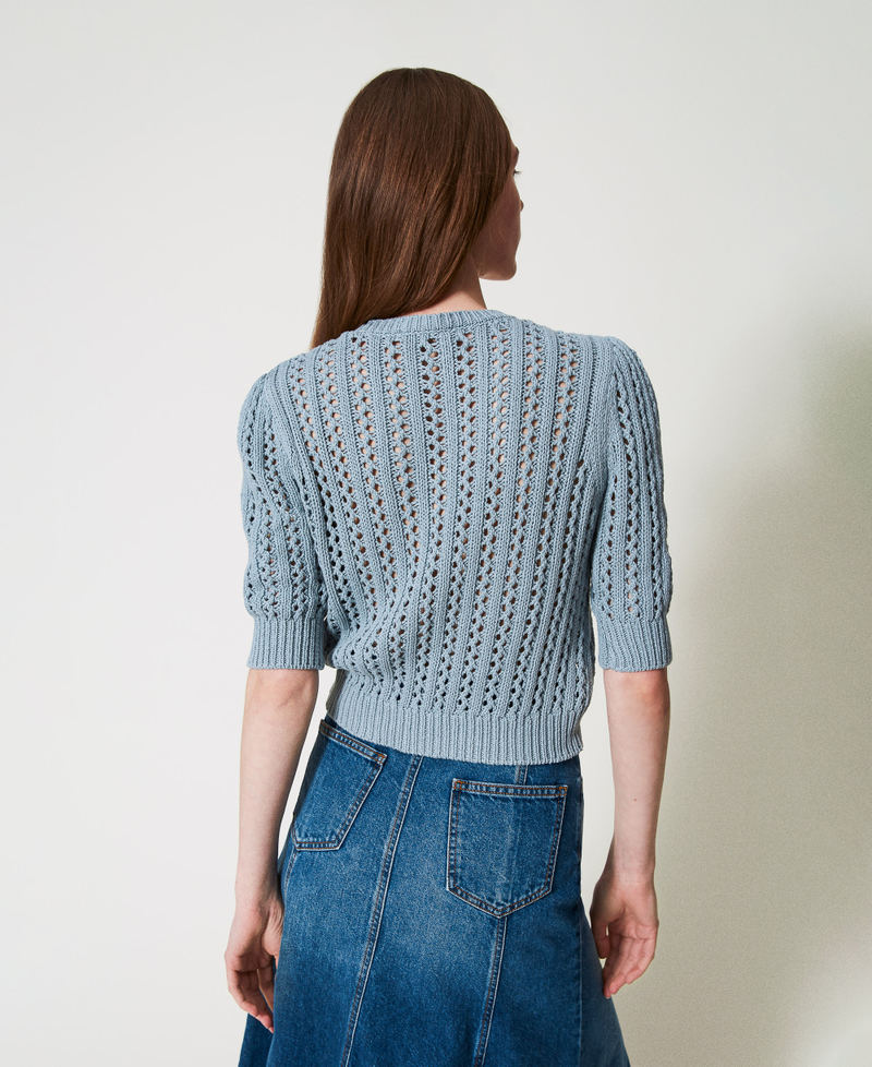 Jumper with crochet brooch Dusty Blue Woman 251TP3361_00485_03