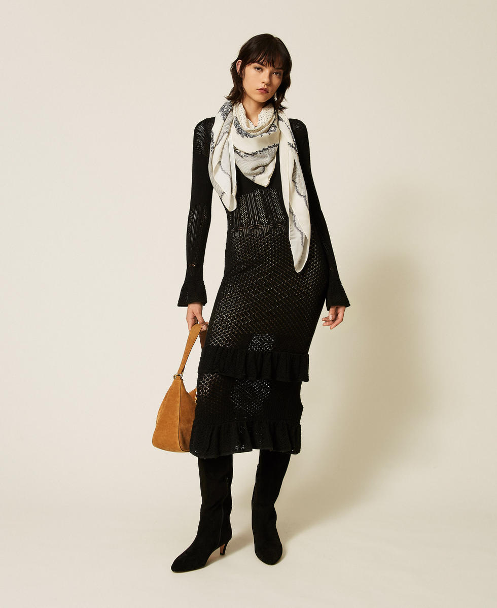 Long wool blend knit dress with ruffles