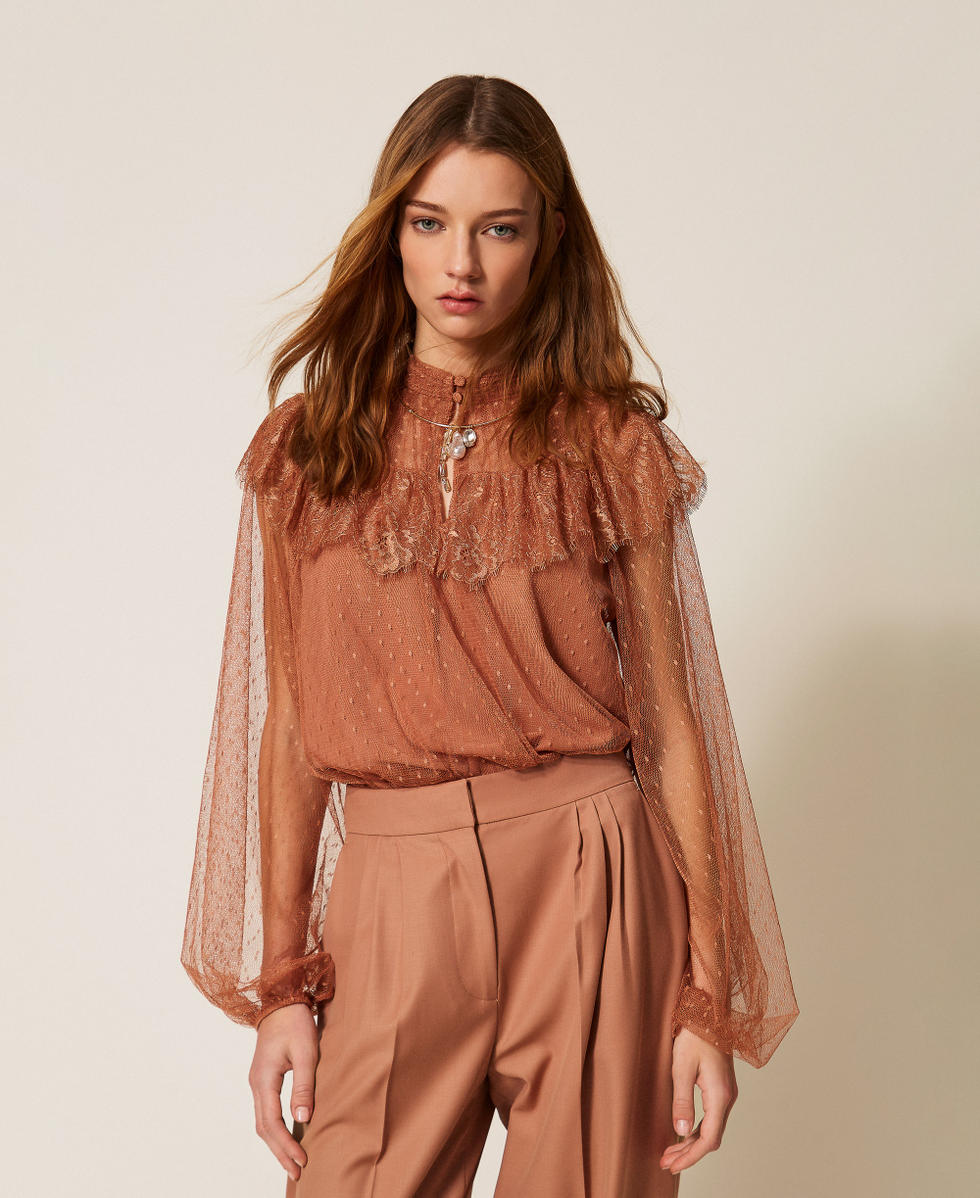 Plumetis tulle and lace blouse Mocha Mousse Brown Woman 261TP2772_13168_01